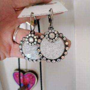 Silver-Tone White Glitter Round Drop Earrings with Aurora Rhinestones